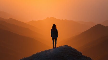 A captivating sunset scene features a person silhouetted against vibrant mountain ranges, creating a serene atmosphere perfect for evoking feelings of peace and freedom in nature.の素材