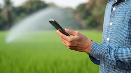 A person holds a smartphone in a vibrant green rice field, highlighting the integration of technology in modern agriculture and rural lifestyle amidst natural beauty.の素材