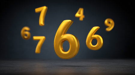 Stunning 3D golden numbers float gracefully against a dark background. Perfect for illustrating financial themes, statistics, or modern art concepts in a visually striking manner.の素材