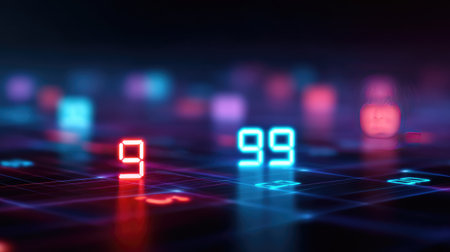 Neon numbers shine vividly against a futuristic keyboard background, embodying modern technology themes and innovation in digital design, perfect for tech-inspired projects.の素材