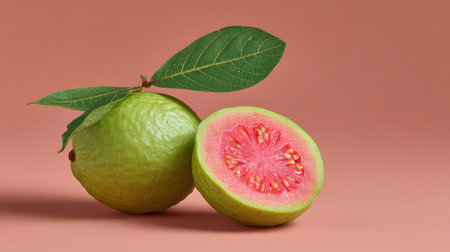 This image features a fresh guava with a vibrant pink interior, sliced open next to its whole counterpart, set against a soft coral background that enhances its colors.の素材