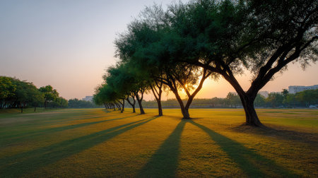 A peaceful park scene showcasing a serene sunrise with tall trees casting long shadows over vibrant green grass, creating a calm and tranquil atmosphere to welcome the day.の素材