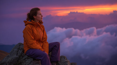 A woman sits peacefully on a rock, gazing at a breathtaking sunset filled with vibrant colors, surrounded by clouds and mountains, embodying a moment of tranquility and reflection.の素材