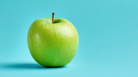 A vibrant green apple on a blue backdrop, embodying freshness and health. This image is ideal for projects focused on nutrition, wellness, and culinary themes.の素材