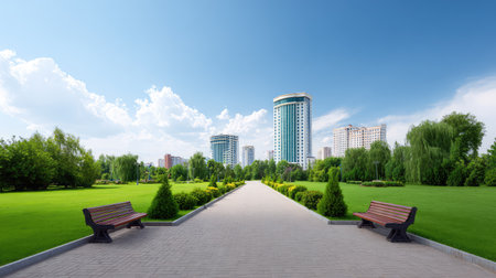 A tranquil urban park pathway showcases modern buildings surrounded by lush greenery, inviting visitors to enjoy nature and relaxation in a vibrant cityscape.の素材