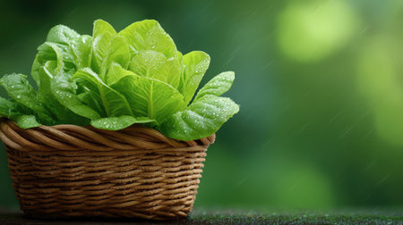 Beautifully arranged fresh green lettuce in a natural basket, symbolizing health and nutrition, ideal for food recipes, gardening tips, and culinary presentations.の素材