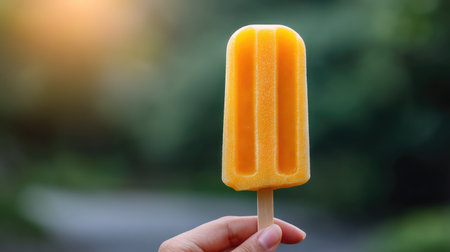 A delightful orange ice pop on a wooden stick is held up against a blurred green background, radiating summer joy and refreshing flavors perfect for cooling off.の素材