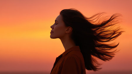 Captivating side profile of a woman with flowing hair during a stunning sunset, embodying peace and inspiration in the beauty of nature's vibrant colors.の素材