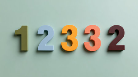 A vibrant display of colorful wooden numbers arranged creatively on a mint green backdrop, ideal for educational settings or playful children's environments.の素材