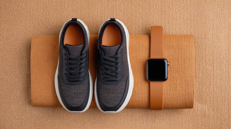 A modern display of athletic shoes and a smartwatch on a vibrant orange background emphasizes the connection between fitness and technology in a stylish way.の素材