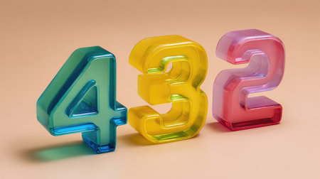 Three colorful transparent numbers, four, three, two, displayed in bright blue, yellow, and pink hues on a soft neutral background, perfect for creative and educational projects.の素材