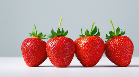A vibrant row of fresh strawberries highlights their juicy texture, perfect for health-focused projects or culinary presentations, adding freshness to any design.の素材