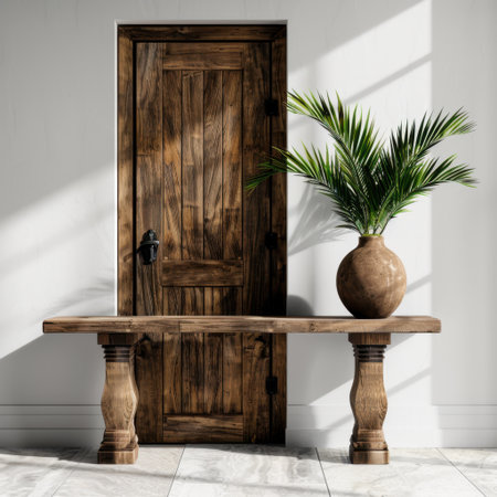 A beautifully arranged scene featuring a rustic wooden table, a stylish palm plant in a pot, and a charming wooden door, creating an inviting and serene ambiance.の素材