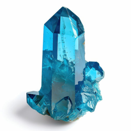 A captivating blue crystal with sharp edges and intricate facets, reflecting light beautifully. This mineral specimen showcases the mesmerizing natural beauty of geology.の素材