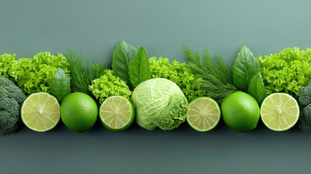 An eye-catching arrangement of fresh green vegetables and fruits, including limes and cabbage, showcasing vibrant colors and textures against a soft background, symbolizing health and wellness.の素材