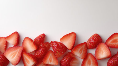 Explore the beauty of freshly sliced ripe strawberries arranged neatly on a minimalistic white background, ideal for culinary and health-related themes or summer recipes.の素材