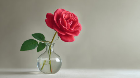 A stunning red rose gracefully placed in a clear glass vase, surrounded by a smooth background, ideal for adding elegance to any decor or romantic setting.の素材