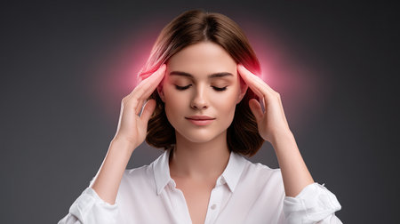 A peaceful woman with closed eyes gently touches her temples, conveying a moment of calm amidst discomfort. This image embodies tranquility and self-care techniques for well-being.の素材