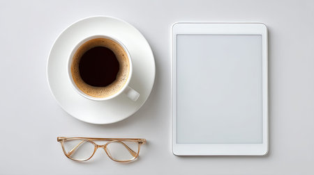 Capture the essence of a modern workspace with a stylish coffee cup, tablet, and reading glasses, ideal for moments of relaxation and productivity.の素材