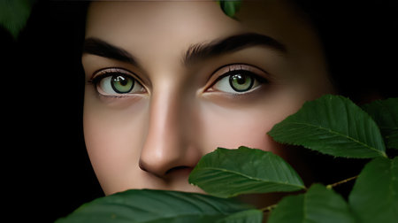 A captivating close-up portrait of a young woman with vibrant green eyes partially obscured by lush leaves, evoking a sense of tranquility and natural beauty in a dark setting.の素材