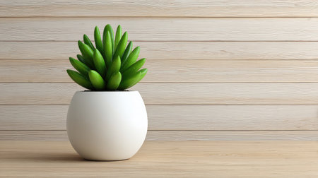 A striking composition of a succulent plant in a sleek white ceramic pot, set against a light wooden wall. Ideal for modern interior design and bringing nature indoors.の素材