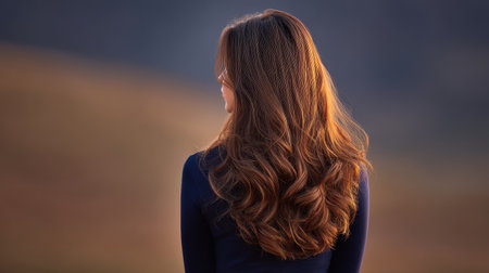 A woman with long, brown hair stands gracefully in nature, enveloped by soft lighting and serene landscapes, evoking feelings of peace and introspection.の素材