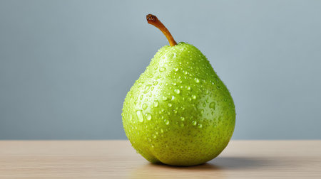 A vibrant green pear with glistening dew drops sits on a wooden surface. The soft blue background enhances the fresh and healthy appeal of this nutritious fruit, perfect for food lovers.の素材
