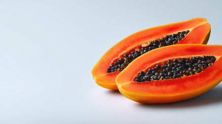 This image features two halved papayas against a soft gray background, showcasing the vibrant orange flesh and black seeds, ideal for promoting healthy eating and tropical cuisine.の素材