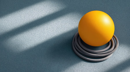 This image portrays a vibrant yellow sphere on a textured surface, surrounded by a grey coiled hose. Soft lighting enhances the minimalistic design, creating a serene atmosphere.の素材