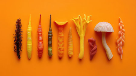 This vibrant image showcases an assortment of colorful vegetables and mushrooms arranged artistically against a bright orange backdrop, perfect for culinary projects or creative designs.の素材
