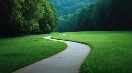 A picturesque winding path invites viewers into a serene landscape, surrounded by lush green grass and trees, perfect for leisurely strolls and moments of reflection in nature.の素材