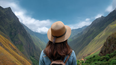 A traveler stands in awe of the stunning mountain landscape, wearing a straw hat and carrying a backpack, embracing the beauty of nature under a clear sky.の素材