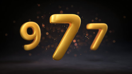 Eye-catching 3D golden numbers 9, 7, and 7 displayed against a dark backdrop with sparkles, perfect for themes of celebration, success, and creativity.の素材