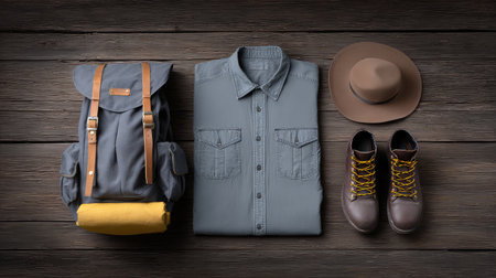 Discover a beautifully arranged set of outdoor gear featuring a stylish backpack, comfortable shirt, fashionable hat, and rugged boots perfect for any adventure in nature.の素材