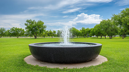 A serene outdoor scene featuring a round fountain in a park, surrounded by lush green grass and trees under a bright blue sky, promoting relaxation and peace.の素材
