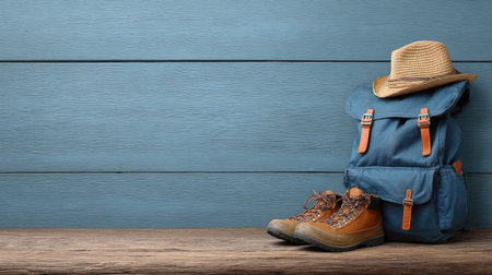 This image showcases outdoor adventure essentials featuring a blue backpack, brown hiking boots, and a straw hat on a rustic wooden surface. Perfect for travel and exploration themes.の素材
