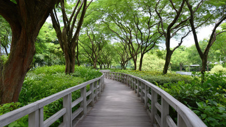 A picturesque wooden pathway meanders through a dense grove of trees, creating a peaceful escape into nature with bright green foliage and a serene atmosphere.の素材