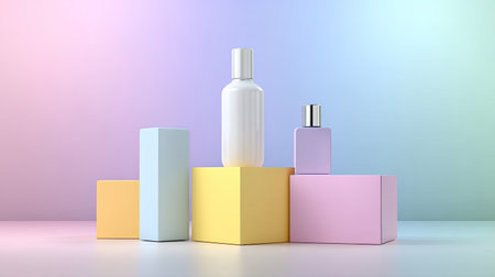A chic arrangement featuring cosmetic bottles on colorful cubes against a soft gradient background, perfect for showcasing beauty and skincare products in a modern setting.の素材