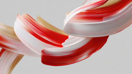 This artwork features abstract brush strokes in vibrant shades of red, white, and gold, creating a sense of movement and fluidity against a smooth neutral background.の素材