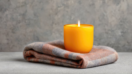 A serene scene featuring an orange candle placed on a cozy blanket, perfect for creating a warm and inviting atmosphere in any indoor space.の素材