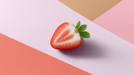 A beautifully sliced fresh strawberry rests on a vibrant geometric background, showcasing its juicy red flesh and green leaves, perfect for food and health themes.の素材
