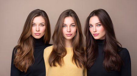 Three beautiful women with long hair present a striking portrait that captures elegance and style against a neutral backdrop, showcasing confidence and beauty.の素材