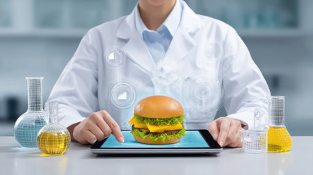 A scientist in a lab coat interacts with a tablet displaying a digital burger, surrounded by beakers, showcasing the fusion of technology and food science innovation.の素材