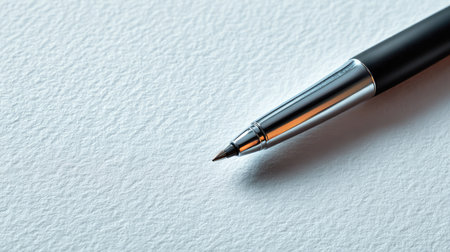 A stylish black ballpoint pen poised on a textured white paper, showcasing the elegance and professionalism of writing tools ideal for business and creative projects.の素材
