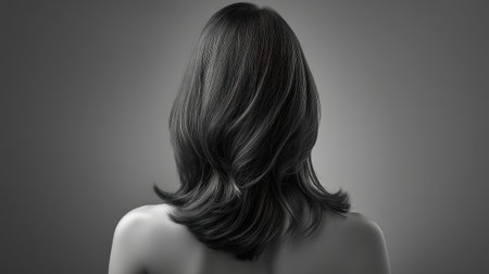 This portrait showcases a beautiful dark hair view from the back, emphasizing the soft waves against a gray backdrop, embodying elegance and style in a minimal aesthetic.の素材