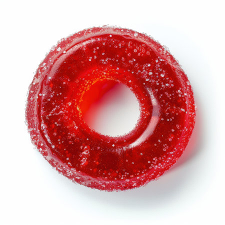 A vibrant red gelatin candy ring showcases sparkling sugar crystals. This appetizing treat is perfect for parties, events, or a fun snack. Ideal for playful themes.の素材