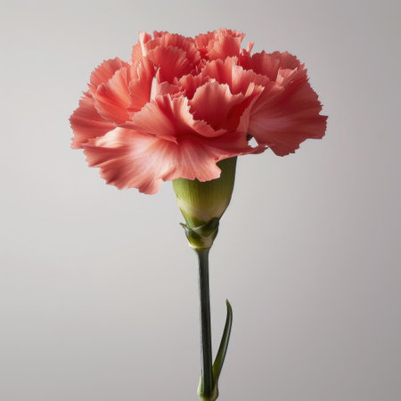 A stunning close-up of a coral carnation flower, highlighting its intricately textured petals and serene green stem, perfect for adding elegance to floral arrangements.の素材