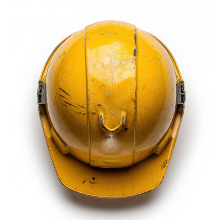 A detailed view of a worn yellow hard hat showcasing scratches and imperfections. This image represents essential safety gear used in construction and industrial settings.の素材