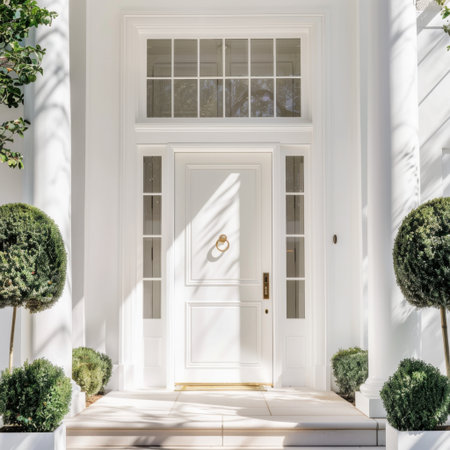 This elegant front door, adorned with a stylish knocker, is framed by manicured topiary plants. Set in a sunny residential area, it reflects modern architecture and tranquility.の素材