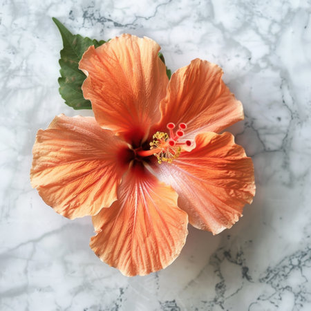 A stunning orange hibiscus flower showcases delicate petals and vibrant colors against a sleek marble background, embodying elegance and tropical beauty.の素材